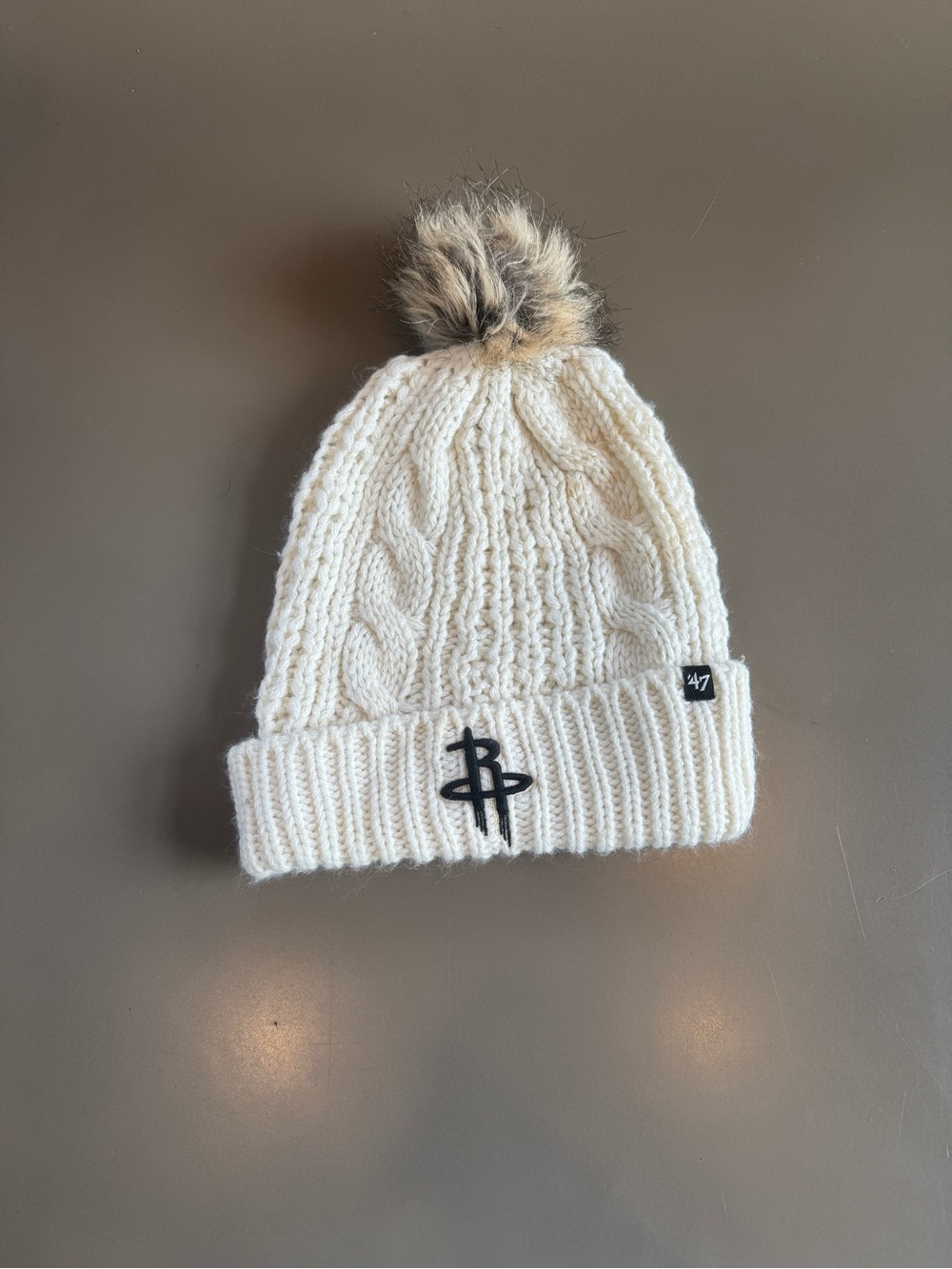 Houston Rockets 47 Cream Cable Knit Beanie with Faux Fur Pom